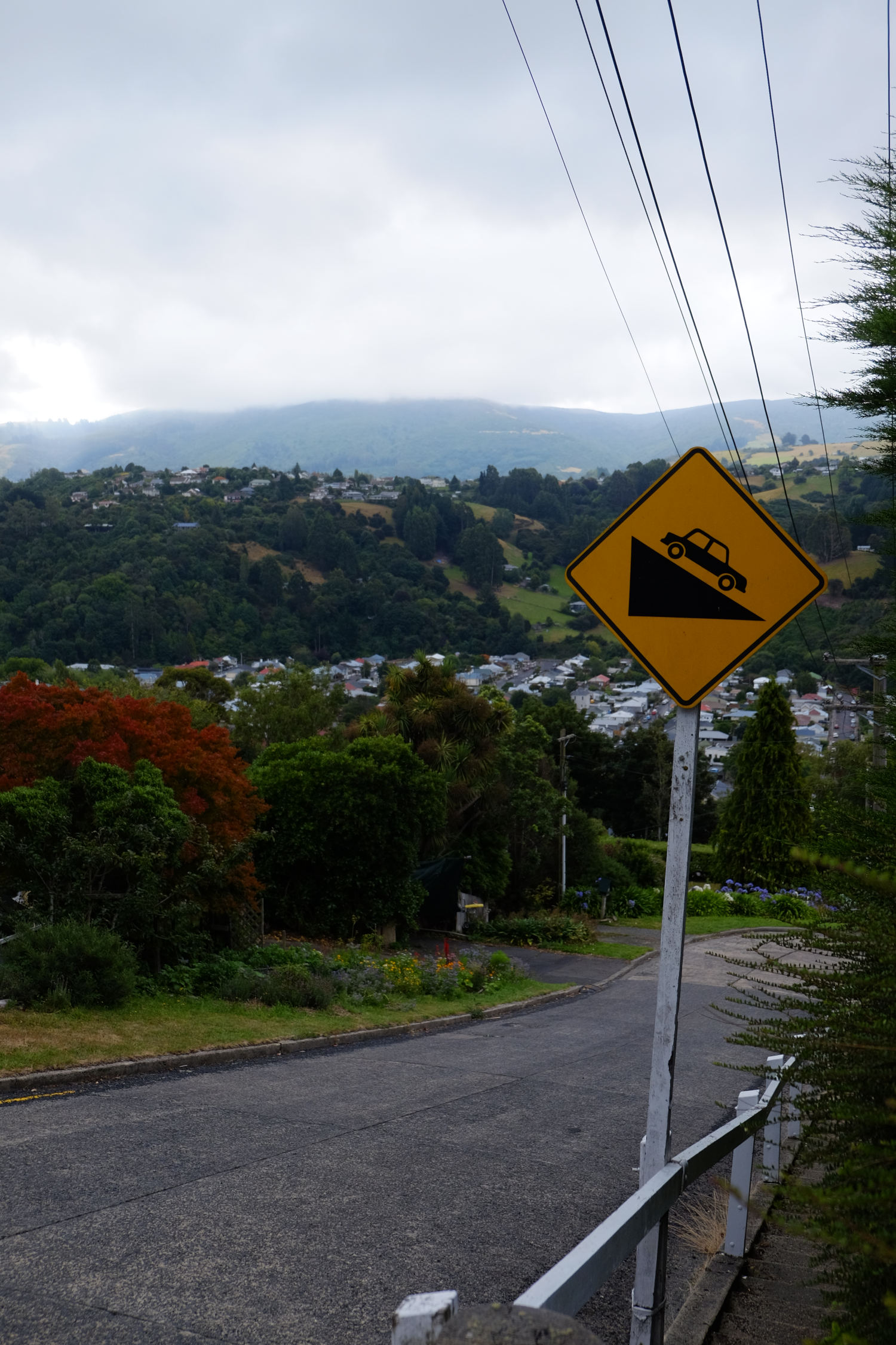 photograph of a steep caution road sign next to a steep road overlooking valley.